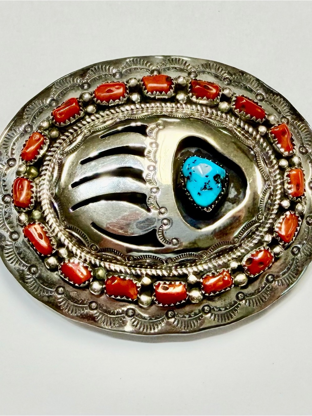 Wilbur MuskekSterling Silver Bear Paw Belt Buckle with Turquoise & Coral Accents